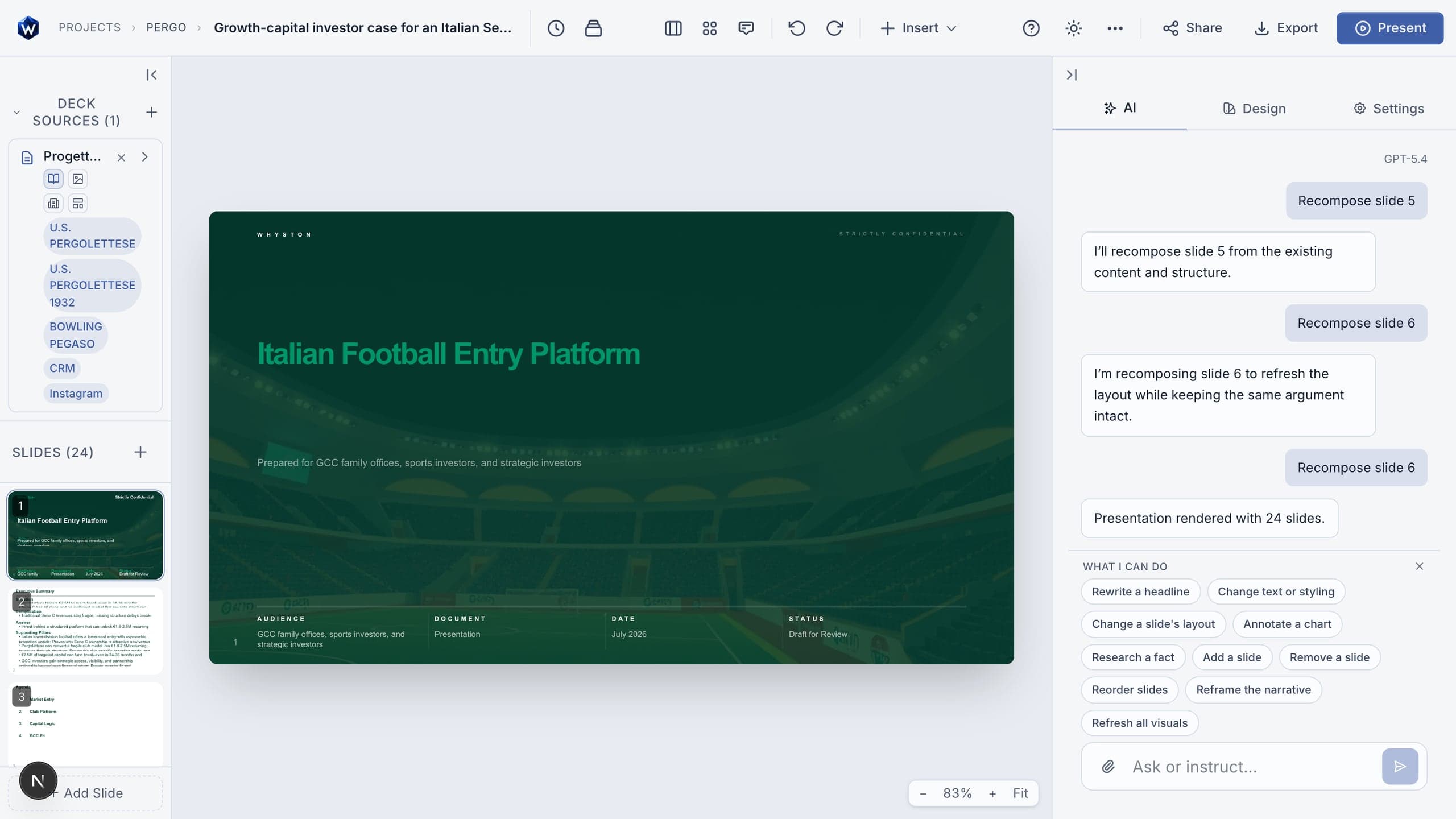 The Whyston editor: deck sources on the left, live storyline canvas, AI assistant on the right